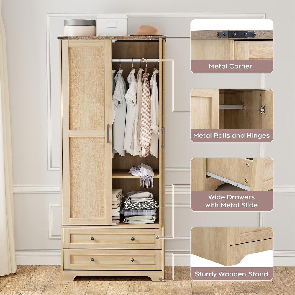 Brafab Wooden Armoire Wardrobe Closet with Drawers, Natural, Set of 2