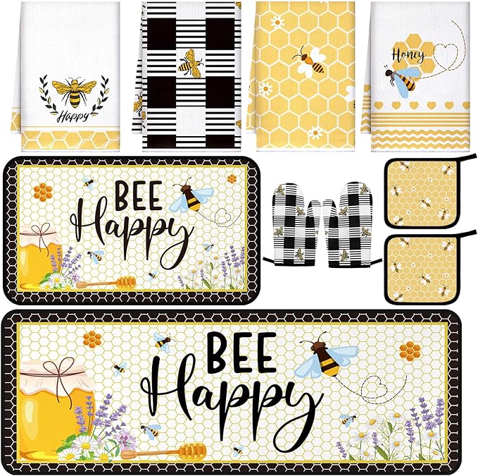 Fourluoo 10 Pcs Bee Kitchen Decor Set Honey Bee Dish Towels Rugs Oven Mitts and by Fourluoo