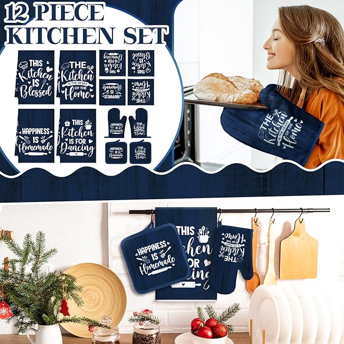 12 Pcs Farmhouse Kitchen Decor Sets 4 Blue Kitchen Hand Towels 4 Dish Clothes 2 - Image 2