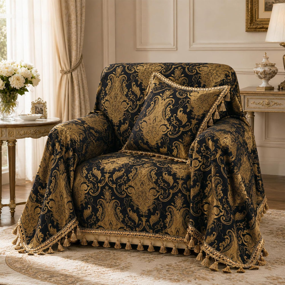 Loom and Mill Luxury Black Jacquard Arm Chair Sofa Slipcover, 71x91 Inches