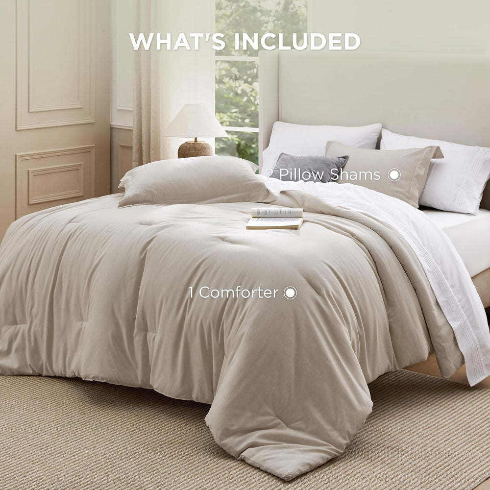 Bedsure Full Size Comforter Set, Soft Beige Cationic Dyed Bed Set 3 Pieces