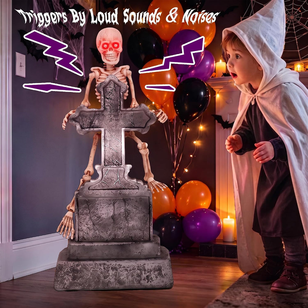 46" Halloween Animatronic Tombstone Decor, Sound‑Activated Swaying Skeleton
