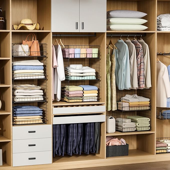 4 Tier Stackable Closet Organizers and Storage Shelves, Foldable Closet Shelf