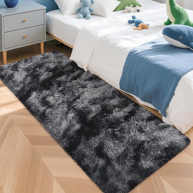 Tie-Dyed Runner Rug for Bedroom Black Grey 2x5ft Fluffy Area Rug Bedside Runner by JiaoBaba