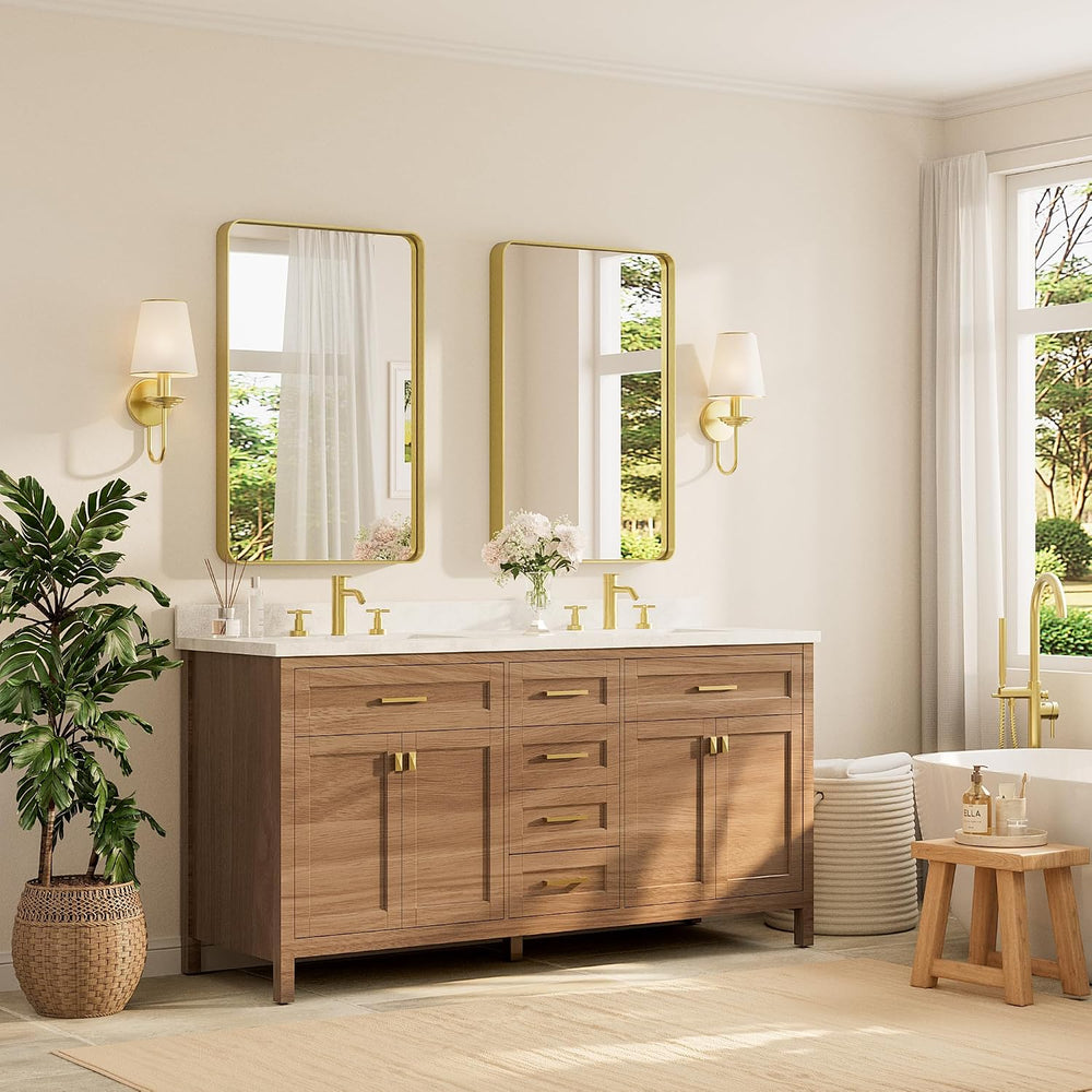 Brushed Gold Bathroom Mirror, 24 x 36 Inch Metal Framed Mirror, Brushed Brass...