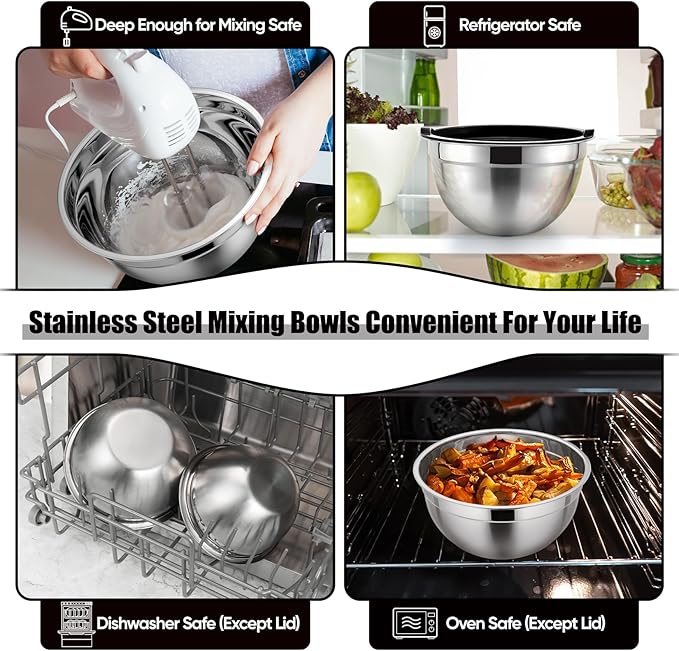 P&P CHEF Mixing Bowls with Airtight Lids Set of 5, 10-Piece Stainless Steel - Image 6