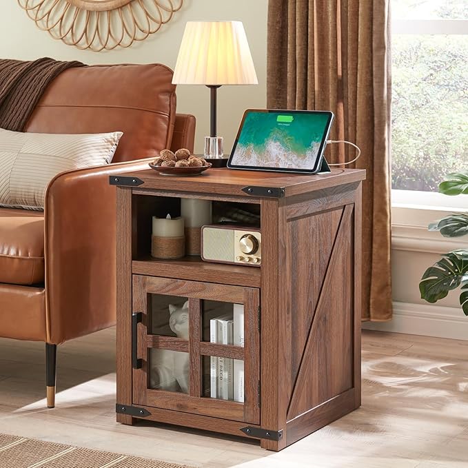 Farmhouse Nightstand with Charging Station, Rustic End Table with Tempered Gl...