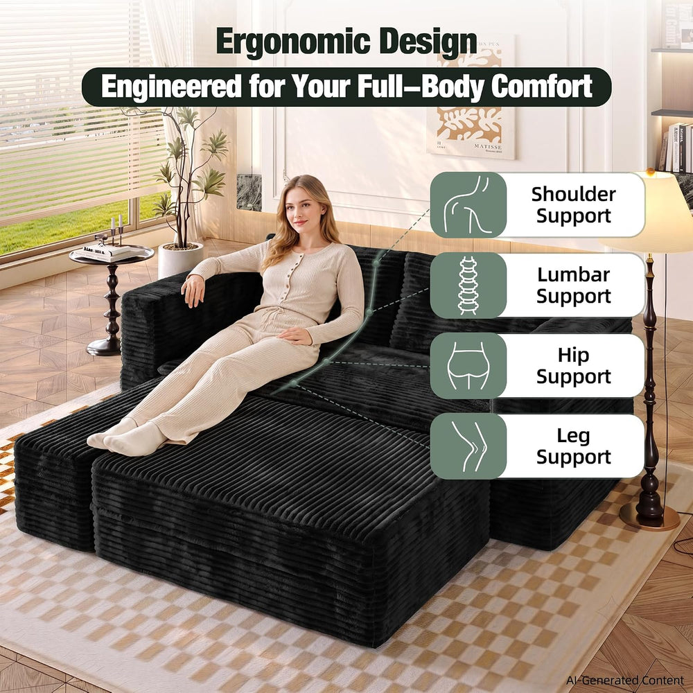 80'' Futon Sofa Bed King Size, Corduroy Boneless Couch Chaise, Black