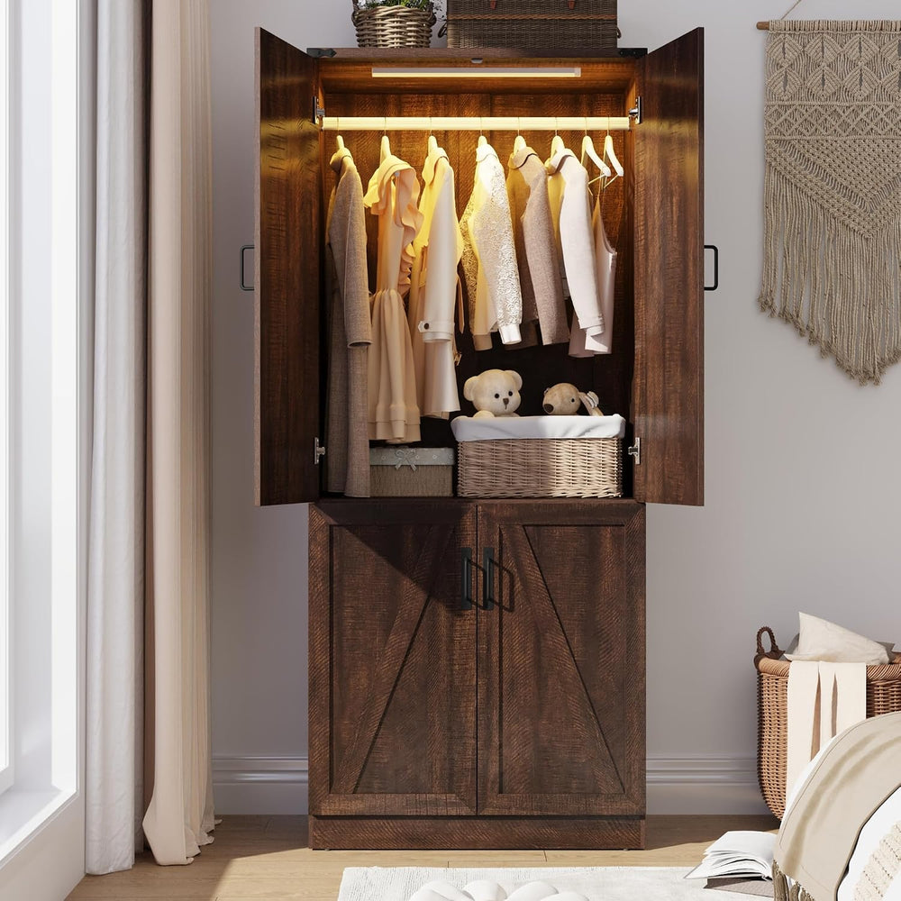 75" Tall Farmhouse 2 Doors Armoire Wardrobe Closet with LED,Freestanding...