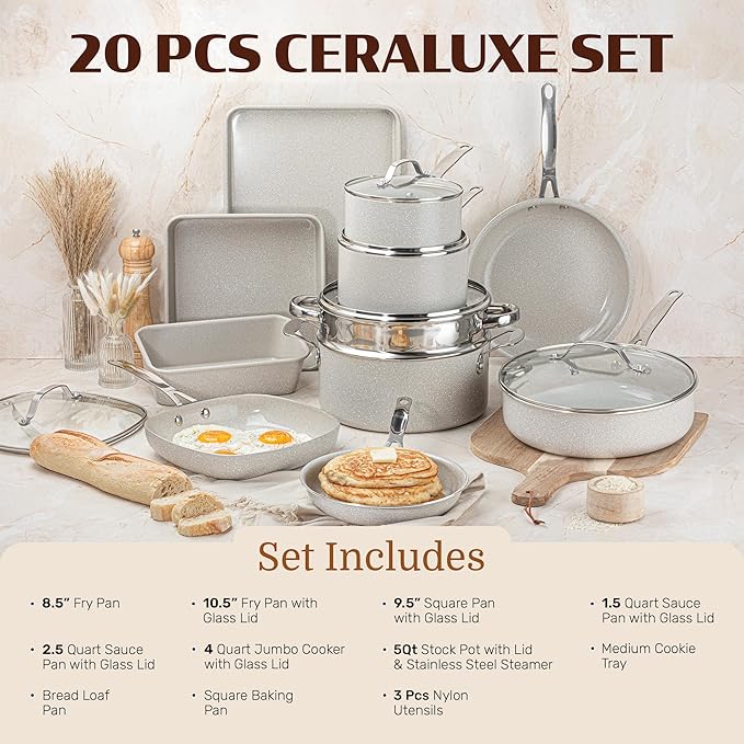 Granitestone Ceraluxe 20 Pc Ceramic Cookware Set Nonstick, Complete Pots and