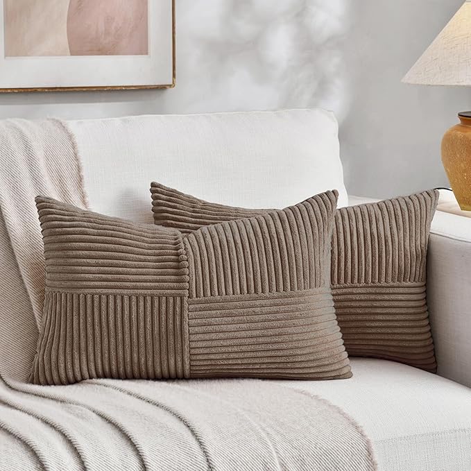 Fancy Homi Set of 2, Light Brown Patchwork Corduroy Decorative Soft Striped by Fancy+Homi
