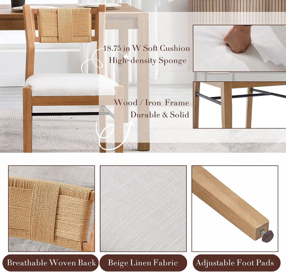 BESTANO Modern Armless Dining Chairs with Rope Woven Back Set of 2, Beige Lin...