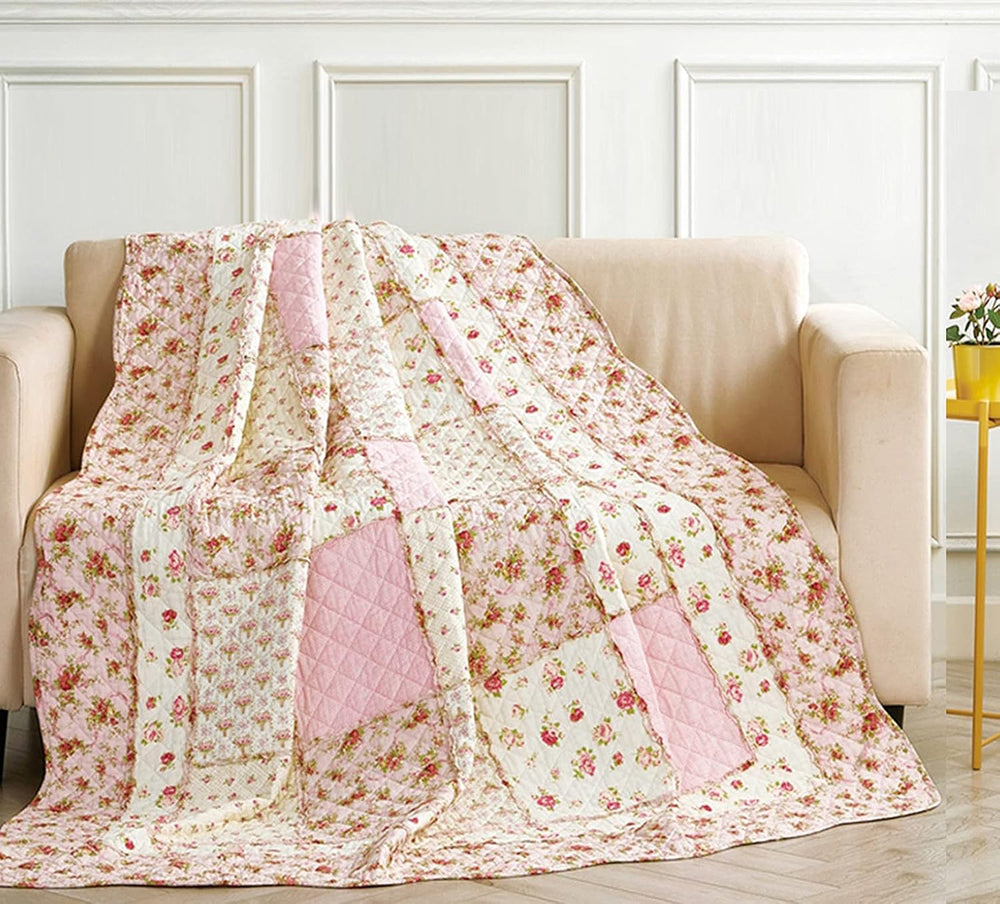 Cozyholy Original 100% Cotton Quilt Pink Floral Patchwork Quilts Quilted Thro...