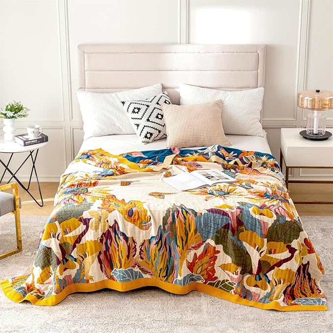 MSGKV Boho Throw Blanket for Bed 100% Cotton Throw Floral Couch Blanket - Image 2