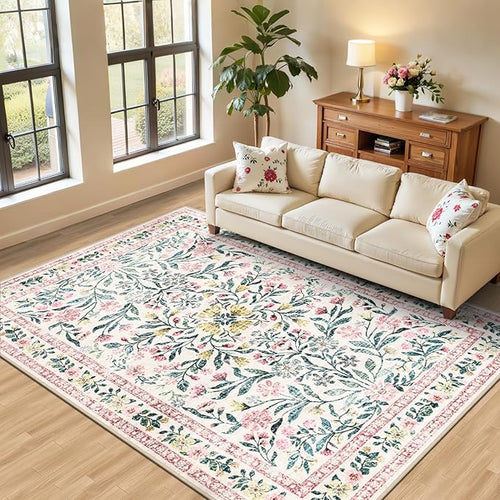 6x9 Area Rugs for Living Room: Floral Washable Rug Vintage Large Soft Boho by PLHXFRSoftAreaRugs
