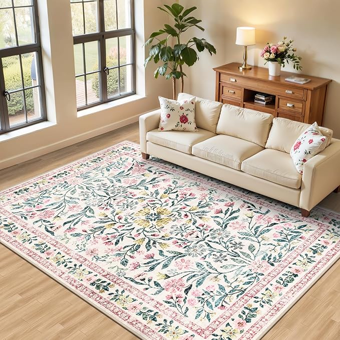 Area Rug Living Room Rugs: Floral 5x7 Washable Rug Vintage Soft Boho Non-Slip by PLHXFRSoftAreaRugs