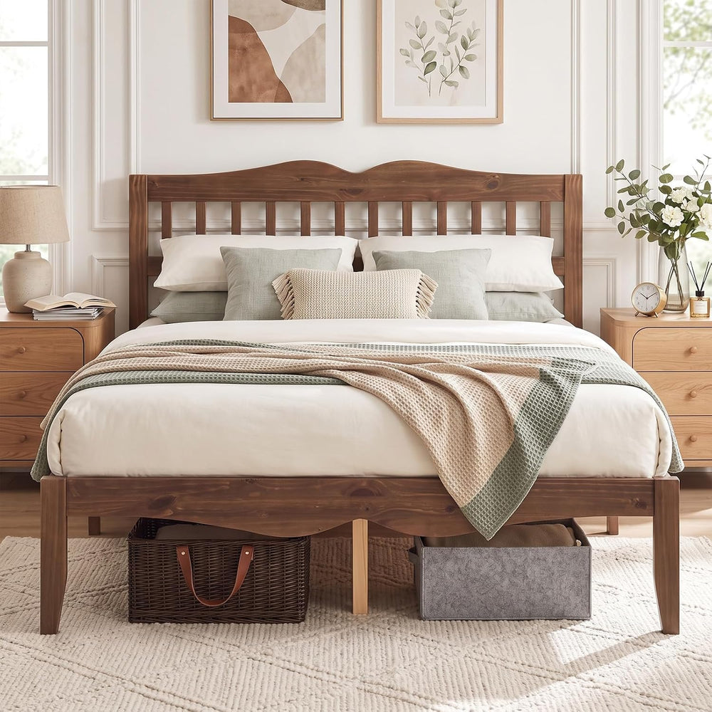 KOMFOTT Full Size Bed Frame, Farmhouse Wooden Bed with Slatted Headboard