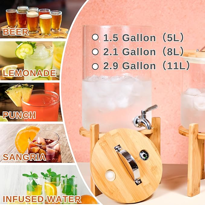 Glass Beverage Dispenser with Bamboo Stand 6.7 In and Lid, Iced 1.5 Gallon - Image 6