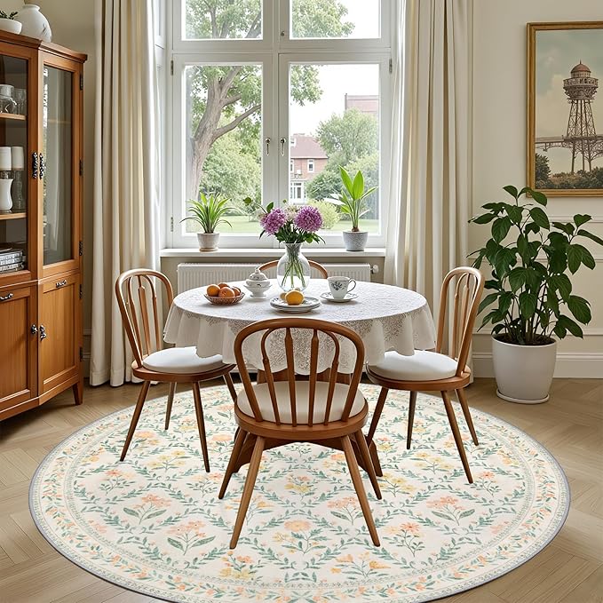 Round Area Rug for Living Room: 4 ft Floral Washable Circle Rug Soft Non-Slip - Image 4