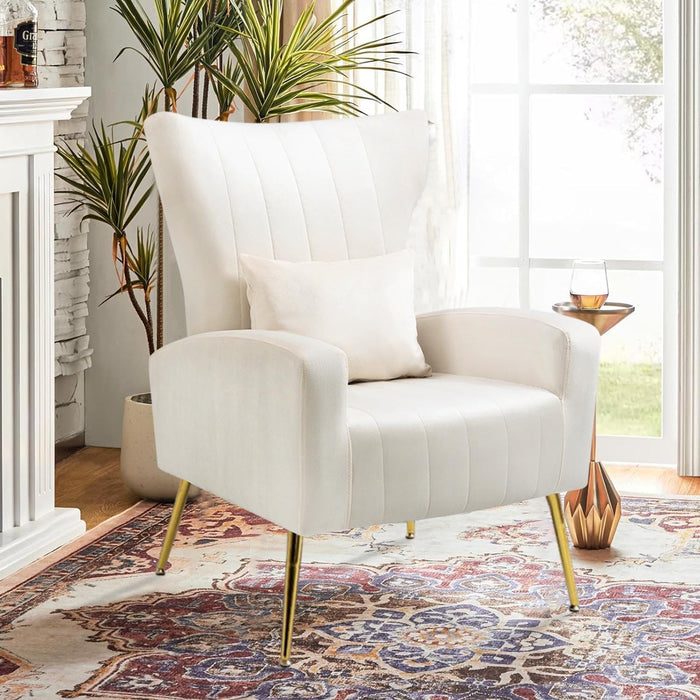 Velvet Accent Chair for Living Room Bedroom, Modern Arm Chair with Wingback & Gold Metal Legs, Lumbar Pillow Included, White