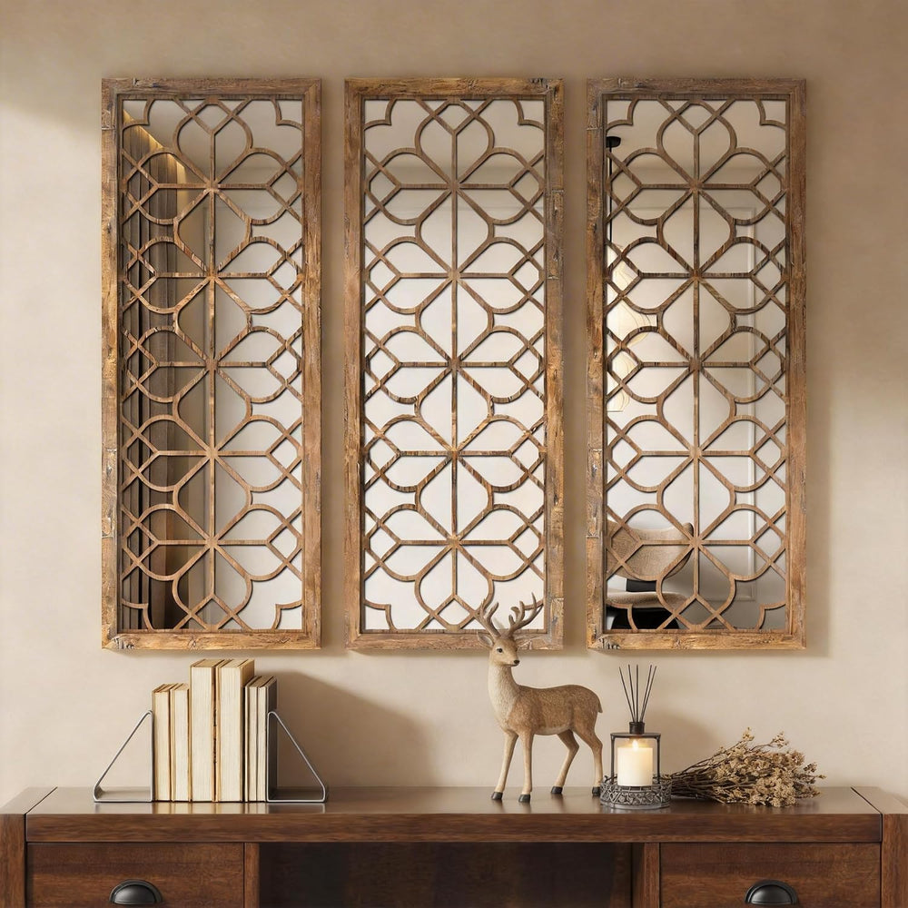 Set of 2 16x41.5 Inch Large Carved Floral Wood Frame Wall Mirrors, Shatterpro...