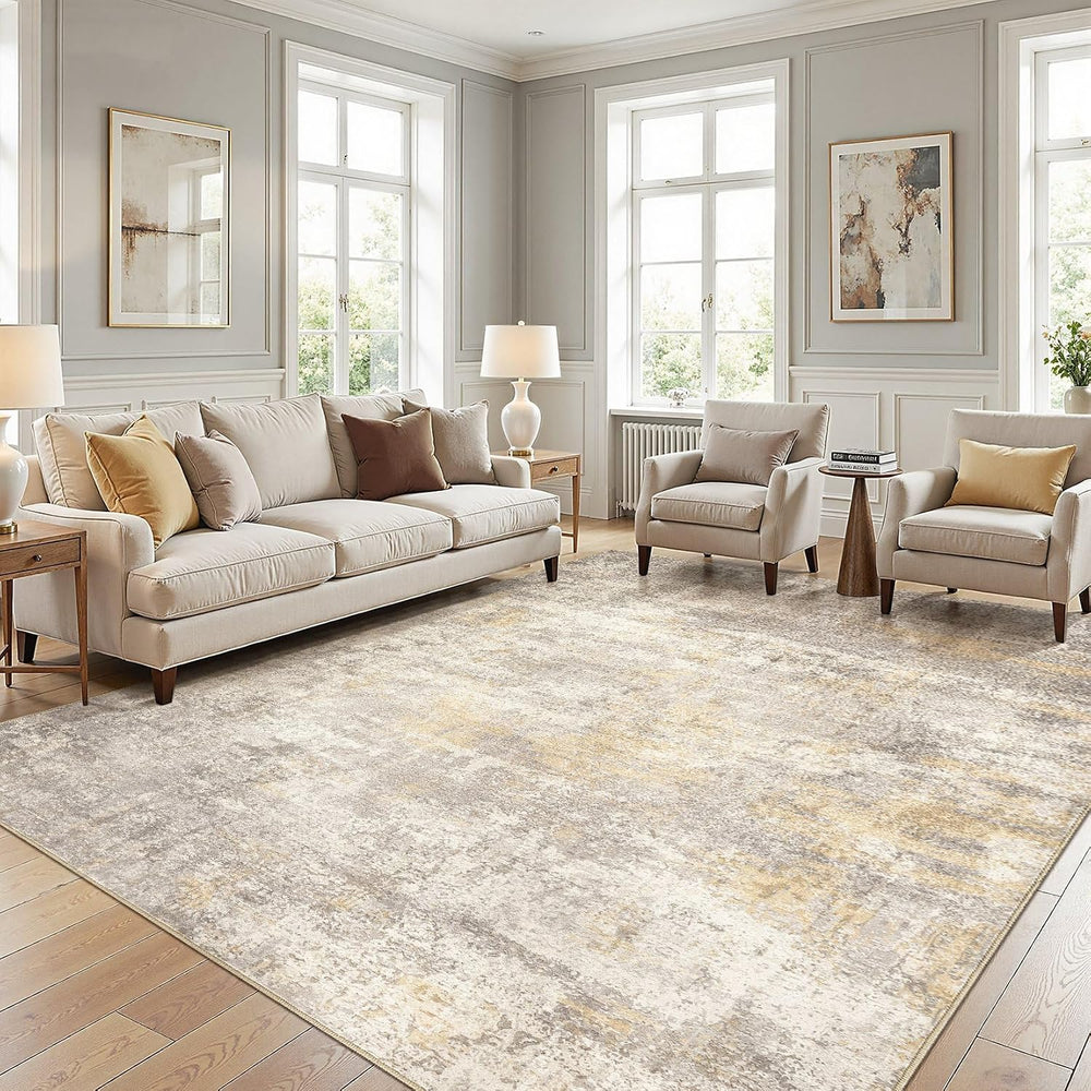 cotiled 8x10 Area Rugs Living Room: Washable Abstract Rug Gold Grey Brown