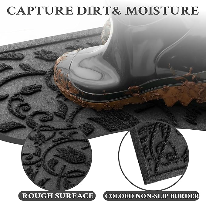 Boho Black Floral Leaves Outdoor Indoor Entrance Doormats, Absorbent Durable - Image 7