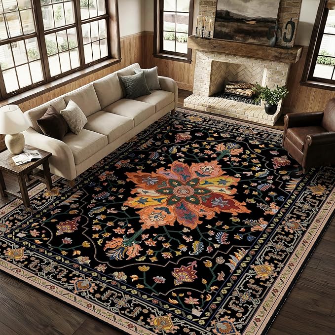 RELEANY Area Rugs 9'x12' Washable Non-Slip, Floral Vintage Distress Print by RELEANY