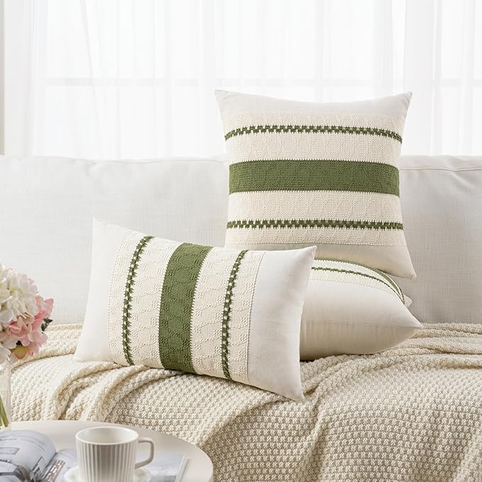Fancy Homi Set of 1 Boho Moss Green Lumbar Decorative Throw Pillow Cover 12x20 - Image 5