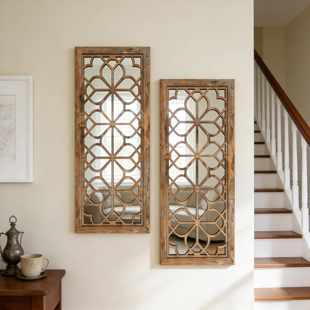 Set of 2 13x30 Inch Large Maroon Shatterproof Carved Floral Wood Frame Wall M...
