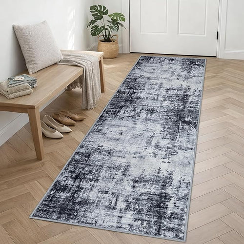 2.6'x8' Runner Rug Washable Rug;Modern Abstract Soft Thin Runner Rug Dark-Black - Image 2
