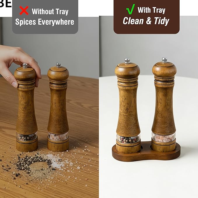 Wooden Salt and Pepper Grinder Set, Premium Oak Wood Salt Grinders Shakers - Image 2