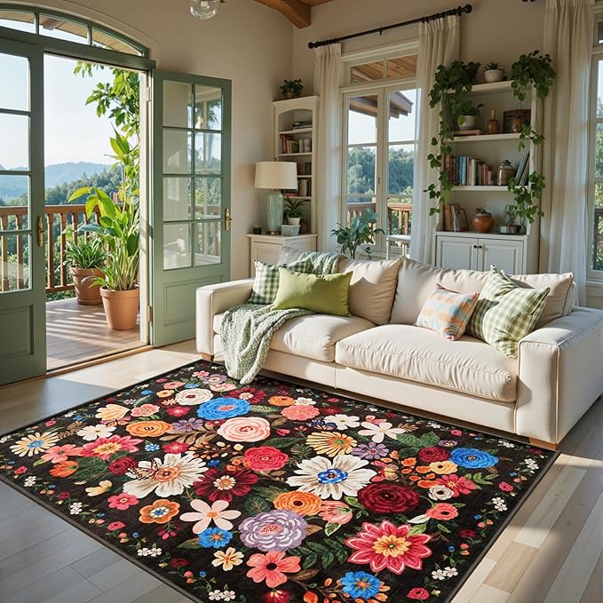 Black/Brown Area Rugs 10x14 Living Room, Non Slip Machine Washable Floral Rugs - Image 8