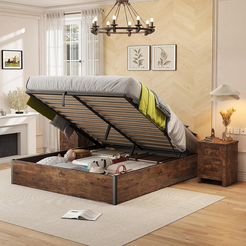 AMERLIFE Full Lift Up Storage Bed Frame, Rustic Brown