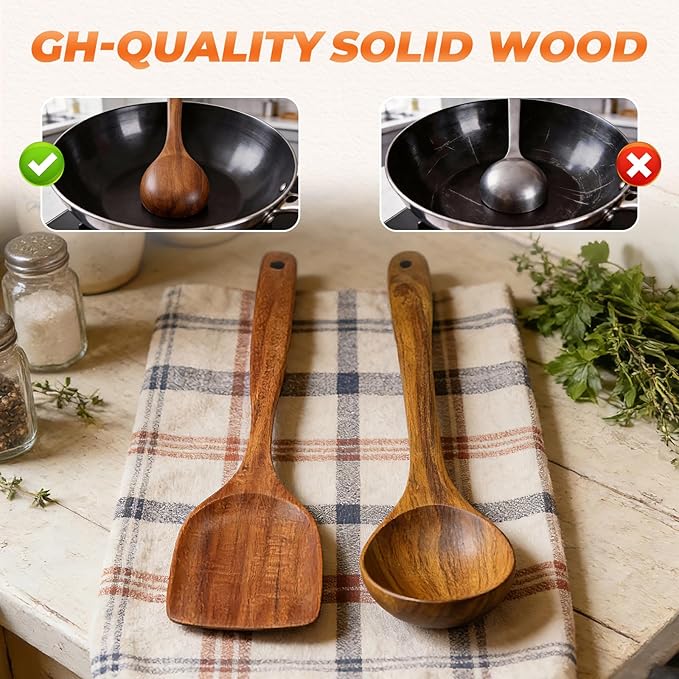 2Pcs Wooden Ladle and Spatula, Natural Acacia Long Handle, Large Capacity - Image 6