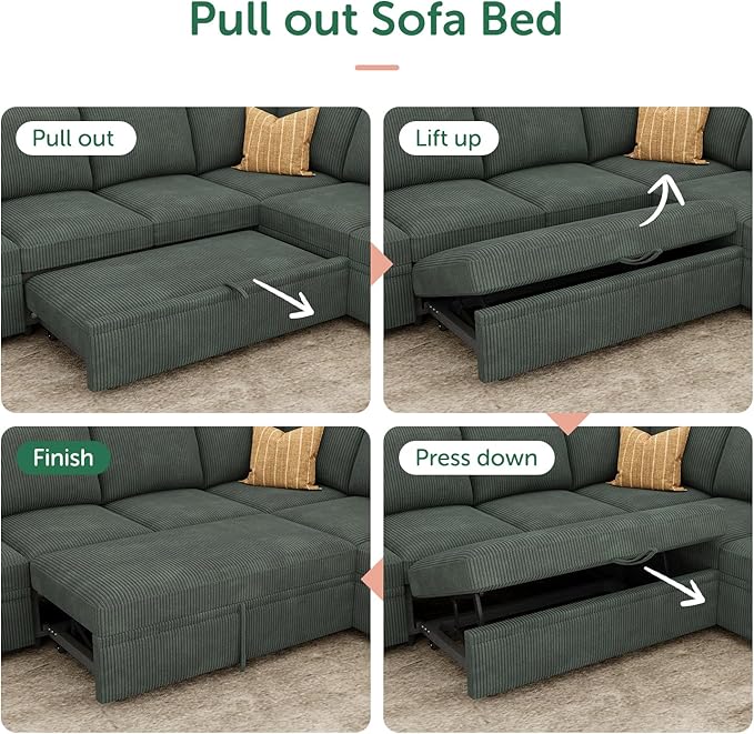 HONBAY Modular Sectional Sleeper Sofa with Pull Out Bed, Corduroy Couch with ...