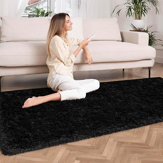 2x6 Bedside Area Rugs for Bedroom Soft Fluffy Shag Black Rug for Hallway - Image 2
