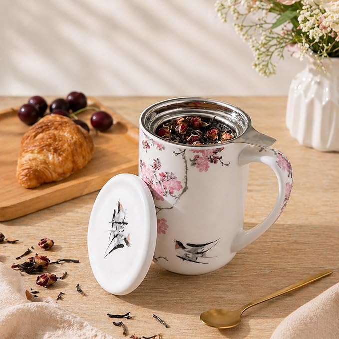 AmorArc Porcelain Tea Mug with Infuser and Lids, 18 Oz Coffee Cup Strainer with - Image 2
