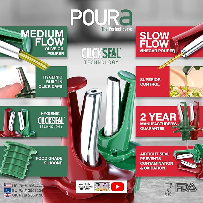Poura Oil and Vinegar Dispenser Spouts | Airtight ClickSeal BPA Free Bottle - Image 2