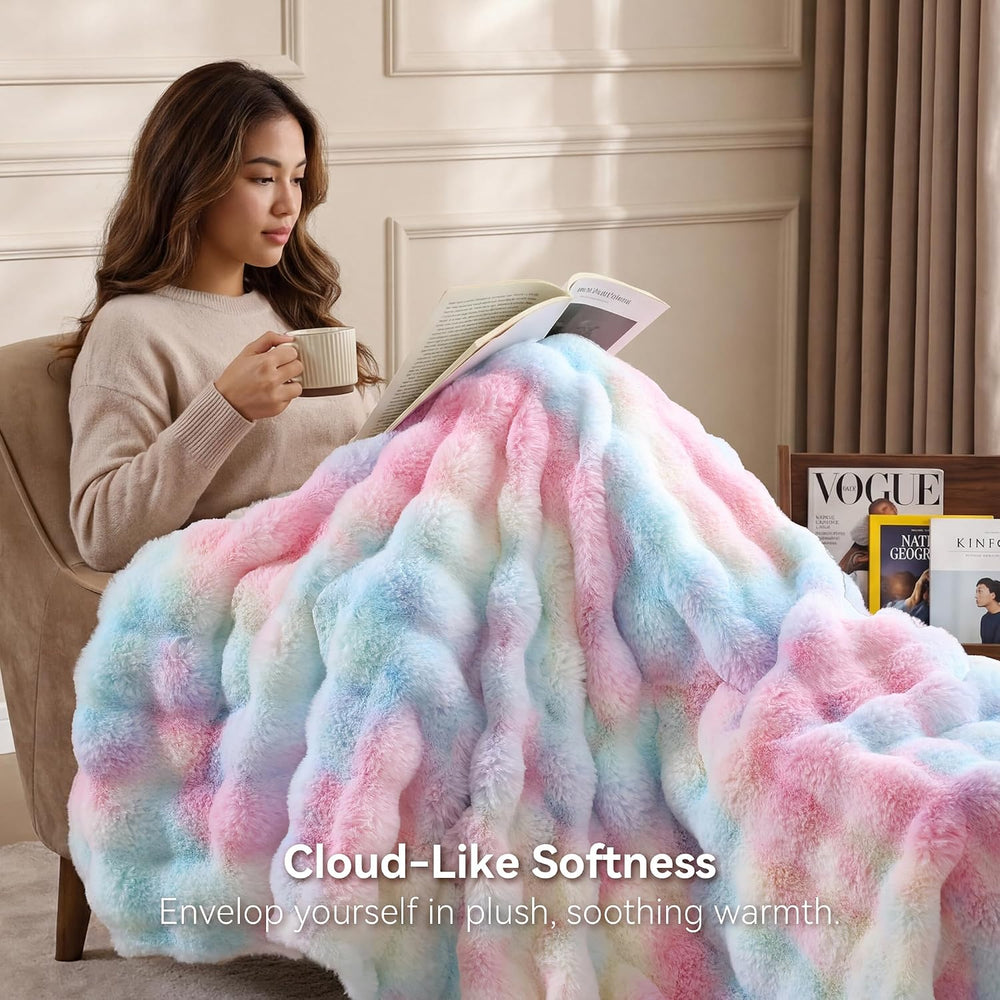 Faux Rabbit Fur Throw for Couch - Rainbow Bubble Blanket 50"x60"