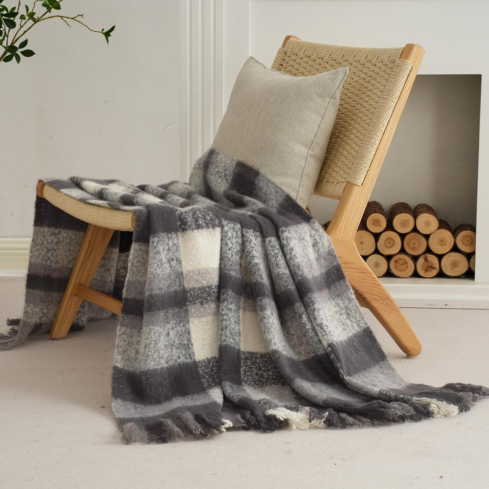 Black Grey Plaid Throw Blanket for Couch, Soft Mohair Tartan Blanket 50x60