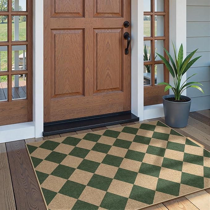 Lahome Colette Checkered Outdoor Patio Easy Jute Rug, 3x5 Dark Green Washable - Image 6