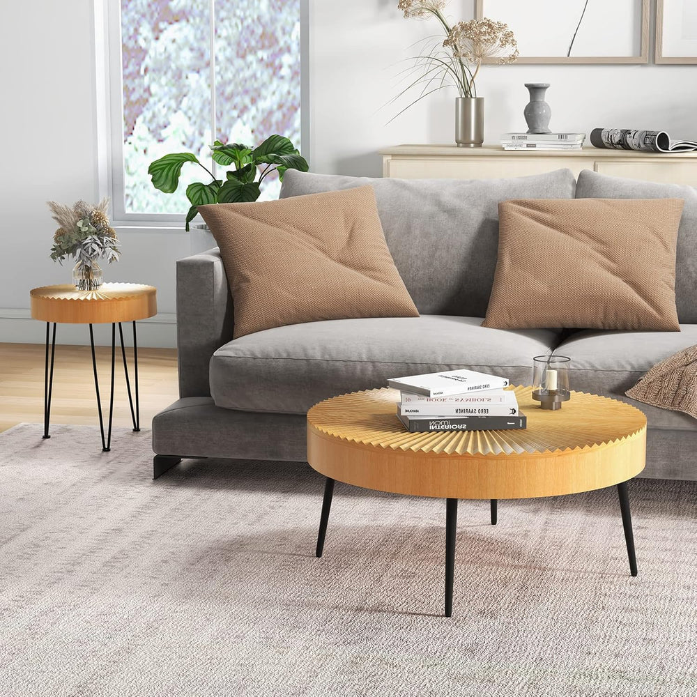 Giantex Boho Round Coffee Table Set of 2, Sofa Side Nesting Table with Solid ...