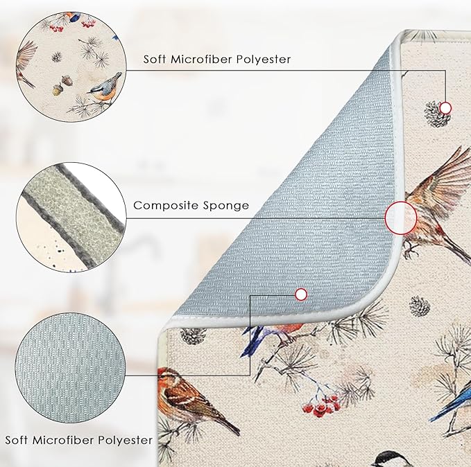 Sanwarm Absorbent Dish Drying Mat, Vintage Birds Watercolor Cute Floral - Image 3