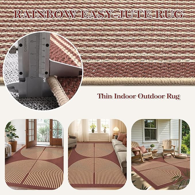 Lahome Enfys Modern Rainbow Easy Jute Outdoor Rug 5x7, Stain Resistant Red - Image 3