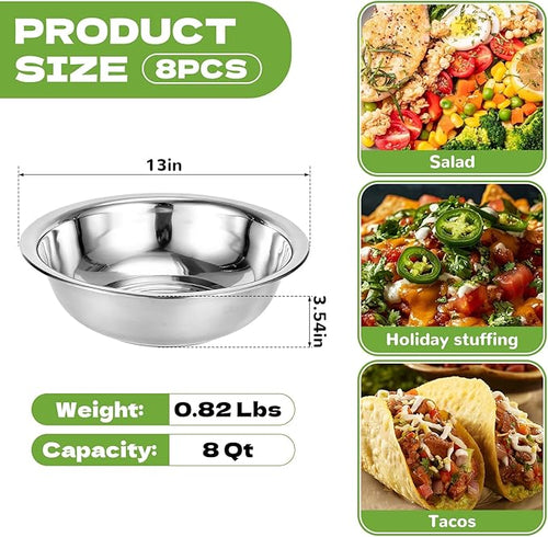 8 PCS Stainless Steel Mixing Bowls 13 Inch 8 Qt Extra Large Metal Basin - Image 2