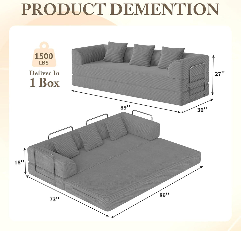 89" Convertible Futon Sofa Bed, Boneless Couch for Living Room, 3 Seater