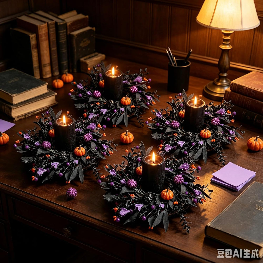6 Pcs Halloween Mini Candle Ring Wreaths for Cabinets Small Pillar Candle Hol...