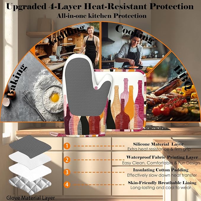 Red Wine Bottle Oven Mitts and Pot Holders Sets Non-Slip Silicone Surface - Image 4
