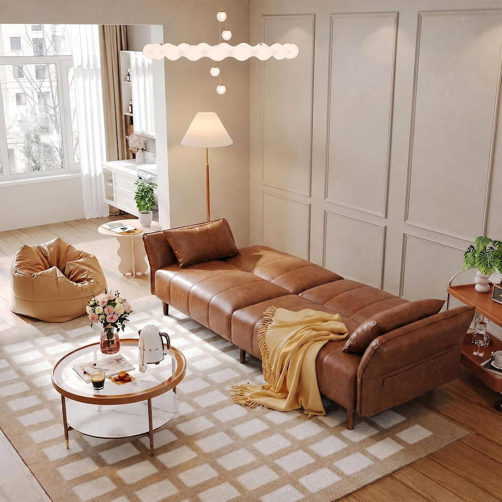 77" Faux Leather Couch, Leather Loveseat Futon Sofa Bed, Brown